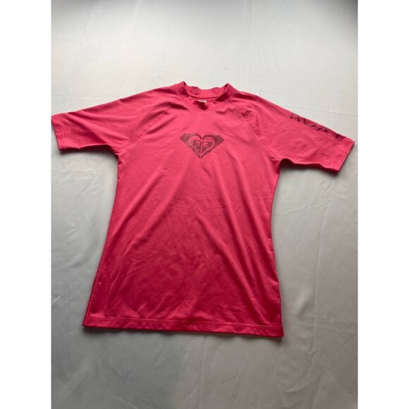 ROXY Rashguard Large Adult Pink Whole Hearted Short Sleeve Spellout Swim Womens - Picture 1 of 6